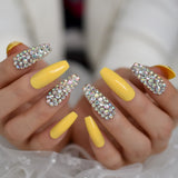 Dark Silver Strass Fake Nails Studs Extra Long Horse Shoe Metal Coffin Faux Ongles With Decorative Stones Frosted Maniture Tips