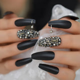 Dark Silver Strass Fake Nails Studs Extra Long Horse Shoe Metal Coffin Faux Ongles With Decorative Stones Frosted Maniture Tips