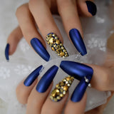 Dark Silver Strass Fake Nails Studs Extra Long Horse Shoe Metal Coffin Faux Ongles With Decorative Stones Frosted Maniture Tips