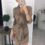Office Ladies Casual Sashes Mini Dress V-Neck Long Sleeve Robe Striped A-Line Dress 2021 New Autumn Fashion