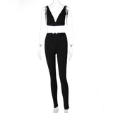 OEM Fitness Sporty Women Tracksuit Sleeveless V-Neck Tank Stretchy Leggings Ribbed Bra Two Piece Set Solid Streetwear Outfit