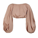 Backless Short Shirt Female Slash Neck Lantern Sleeve Large Size Crop Top Blouse
