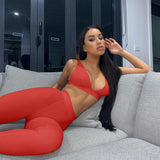 OEM Fitness Sporty Women Tracksuit Sleeveless V-Neck Tank Stretchy Leggings Ribbed Bra Two Piece Set Solid Streetwear Outfit