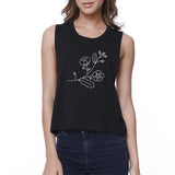 Flower Womens Black Sleeveless Round Neck Crop Tank Top for Friends