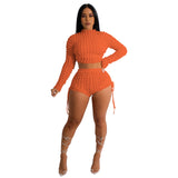 2023 Solid Color Custom Logo Drawstring Knitted Two Piece Set Women Casual