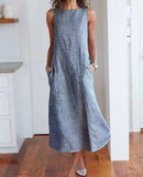 Casual Maxi Dress Sleeveless Linen Women Long Summer Dress Striped Cotton Baggy