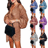 V neck Sequin Dress Lantern Sleeve irregular Dress Women Elegant