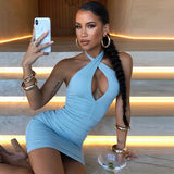 Summer Girl Bag Hip Skirt Sexy Pleated Ruched Bodycon Dress 2021 Backless Cross Halter Skinny Mini Dress Women for Office Work