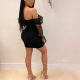 Club Dress Mesh Flare Sleeve Backless Mini Dress Strapless Black Long Sleeve Low Cut Solid Color See Through Women Dress