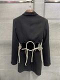 Women Blazer Irregular Diamond Hollow Out Black Blazers and Jackets Asymmetry Drawstring Vintage Suit Coats