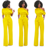 Fashion Wide Leg Slanted One Shoulder Belted Jumpsuits  Yoga