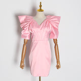 A3453 Pink Puff Sleeve Mini Dress Stylish Fashion Office Lady Dress Wholesale Moq 1pcs
