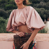 Backless Short Shirt Female Slash Neck Lantern Sleeve Large Size Crop Top Blouse