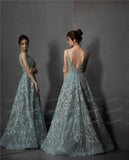 Luxurious Evening Dress A-Line Lace Formal Evening Gown V-Neck Applique Crystal Beaded Tulle