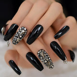 Dark Silver Strass Fake Nails Studs Extra Long Horse Shoe Metal Coffin Faux Ongles With Decorative Stones Frosted Maniture Tips