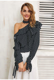 One shoulder polka dot blouse shirt Ruffle lantern sleeve vintage chiffon blouse Sexy bow women summer blouses