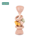 Bopoobo 1PC Baby Toys Beech Wooden Rattle Hand Teething Wooden Ring Can Chew Beads Play Gym BPA