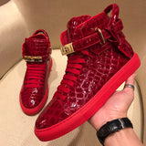 Phenkang Embossed Crocodile High Top Red Flat Leather Boots for Men