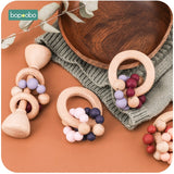 Bopoobo 1PC Baby Toys Beech Wooden Rattle Hand Teething Wooden Ring Can Chew Beads Play Gym BPA