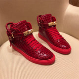 Phenkang Embossed Crocodile High Top Red Flat Leather Boots for Men