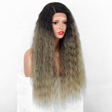 Aliblisswig Natural Looking Dark Root Ombre Blonde Long Curly Right Side Deep Part Heat OK Fiber Hair Lace Front Synthetic Wigs