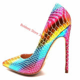 Sexy Iridescent Snake Pattern High Heel Pumps Python Printed Color Dress Shoes 12cm Stiletto Heels Banquet Party Shoes