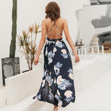 Sexy backless boho print split maxi dress Women chiffon long dress