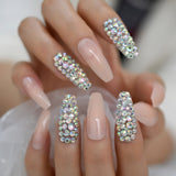 Dark Silver Strass Fake Nails Studs Extra Long Horse Shoe Metal Coffin Faux Ongles With Decorative Stones Frosted Maniture Tips