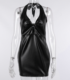 Sexy Halter Bodycon Mini Dresses Women PU Leather Backless Party Club