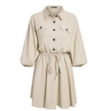 Elegant linen short shirt dress women Long sleeve cotton dress