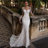 Mermaid Wedding Dresses Illusion Backless Full Sleeves Sexy Wedding Gown