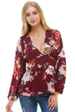 Large Floral Print V Neck Long Sleeve Peplum