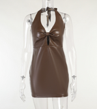 Sexy Halter Bodycon Mini Dresses Women PU Leather Backless Party Club