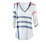 Women's Casual 2/3 Sleeve V-Neck Plaid Shirts Pullover Top