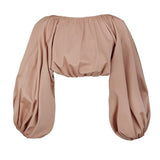 Backless Short Shirt Female Slash Neck Lantern Sleeve Large Size Crop Top Blouse