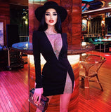 BY2166 Beading Rhinestone New Style Sexy Club Bandage Dress Deep V-Neck Long Sleeve Split Skirt Fashion
