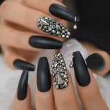 Dark Silver Strass Fake Nails Studs Extra Long Horse Shoe Metal Coffin Faux Ongles With Decorative Stones Frosted Maniture Tips