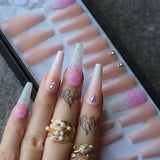 Rhinestone Crystal Design Pink Luxury Ombre Extra Coffin Press on Nails Gel