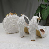 BaoYaFang White Pearl Women Wedding Shoes and Bags Bride High Heels Shoes Ladies Party Dress Shoes Woman Sweet Fashion Pumps