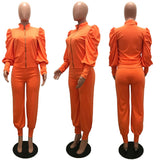 Women Fall Clothes 2021 Puff Sleeve Top Women's Pants & Trousers Two Piece Set Women Clothing
