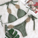New Patchwork Halter Knitted Bikini Women Swimwear Female Swimsuit Two-Pieces Bikini Set Brazilian Bather Bathing Suit Swim Lady