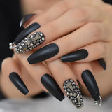 Dark Silver Strass Fake Nails Studs Extra Long Horse Shoe Metal Coffin Faux Ongles With Decorative Stones Frosted Maniture Tips