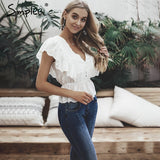Simple sexy V- neck summer blouse with Elegant ruffle high waist cotton embroidery