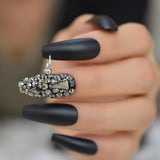 Dark Silver Strass Fake Nails Studs Extra Long Horse Shoe Metal Coffin Faux Ongles With Decorative Stones Frosted Maniture Tips