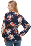 Large Floral Print V Neck Long Sleeve Peplum