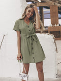 Vintage button women dress shirt V neck short sleeve cotton linen