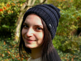 Fear0 NJ Warmest Plush Insulated Black/Gray/White Knit Cable Pom-Pom Beanie Hat