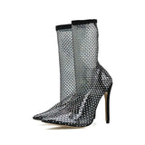 Kcenid Sexy Mesh Boots Ladies Pointed Toe Rhinestone Socks Shoes