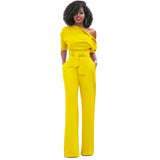 Fashion Wide Leg Slanted One Shoulder Belted Jumpsuits  Yoga