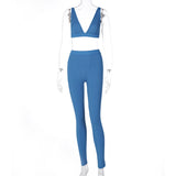 OEM Fitness Sporty Women Tracksuit Sleeveless V-Neck Tank Stretchy Leggings Ribbed Bra Two Piece Set Solid Streetwear Outfit